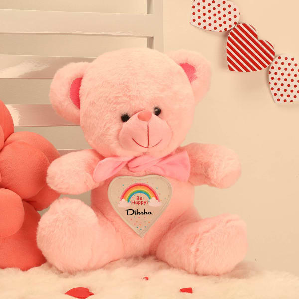 Happy Rainbow Pink Teddy With Personalized Heart Panel
