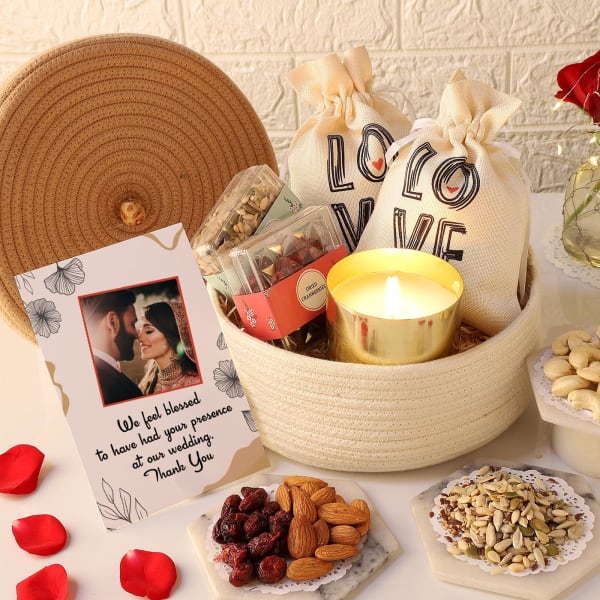 Healthy Snacks Wedding Favours Hamper With Personalized Card
