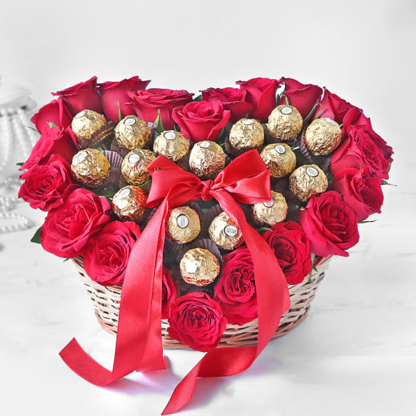 Heart Bouquet of Red Roses & Ferrero Rocher