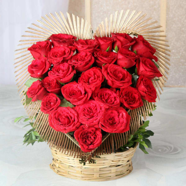 Heart Shaped Basket of 25 Exotic Red Roses