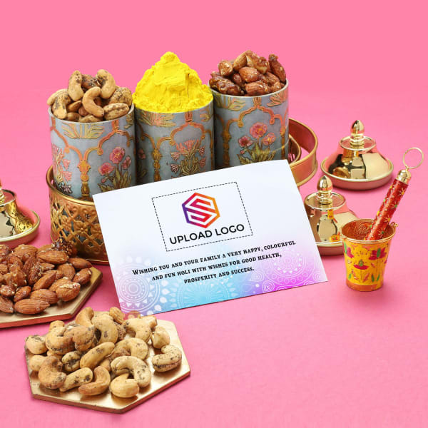 Herbal Gulaal And Dry Fruits Holi Gift Basket - Customized With Logo