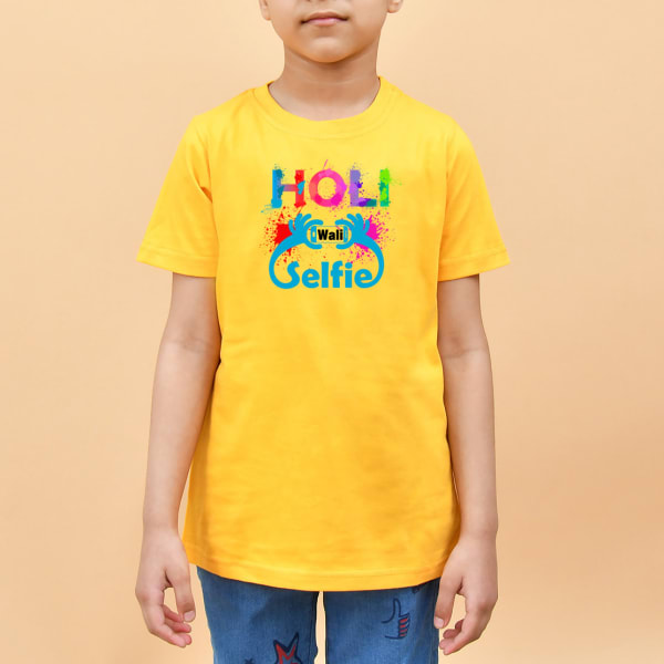 Holi Selfie Cotton T-Shirt For Boys - Yellow
