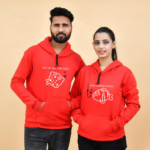 Hooked With You Red Hoodie for Couple