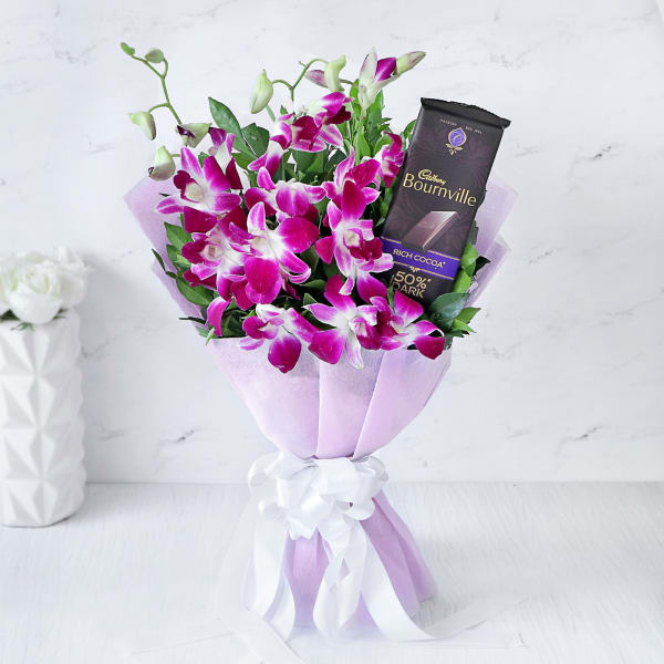 Imperial Orchids Bouquet With Dark Chocolate Bar