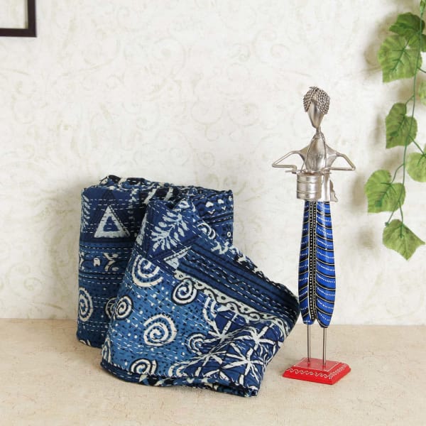Indigo Blue Kantha Work Bedspread And Metal Figurine Hamper