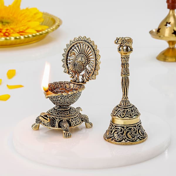 Intricate Brass Pooja Diya And Bell-Set Of 2