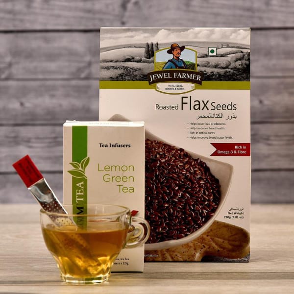 Jewel Farmer Roasted Flax Seed Pack with Lemon Green Tea Infusers Gift