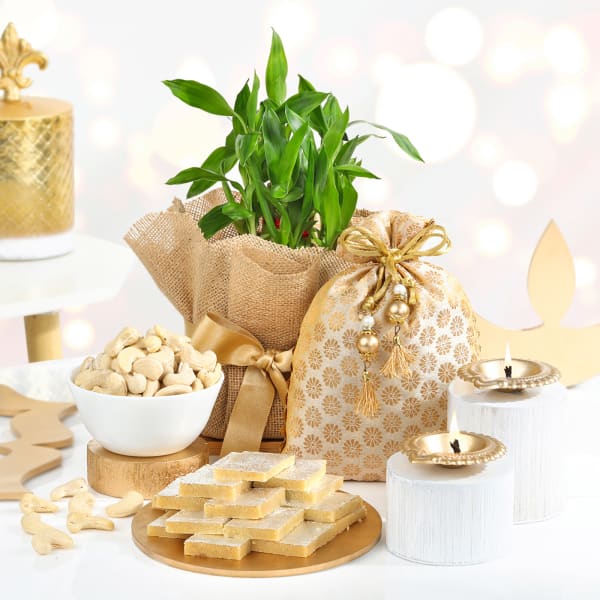 Kaju Katli And Cashews In Potli And Diyas With Bamboo Plant