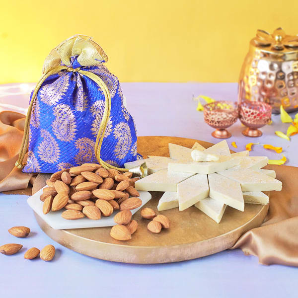 Kaju Katli With Almonds In Potli