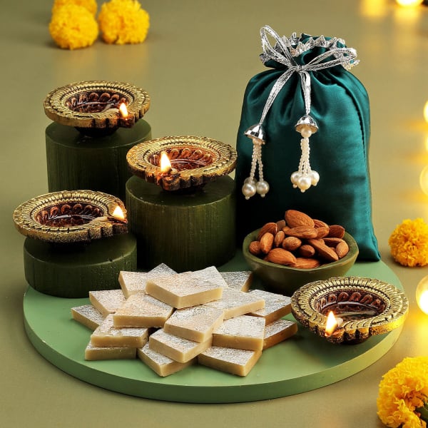 Kaju Katli with Diwali Diyas & Almonds