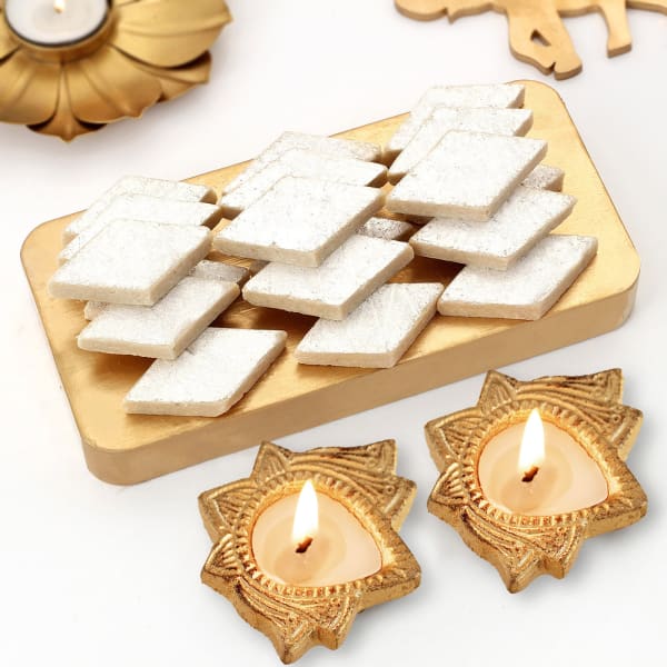 Kaju Katli With Set Of 2 Diyas Diwali Gift Set