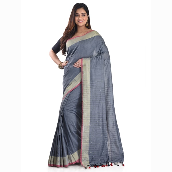 Khadi Cotton Grey Handloom Saree With Sequin Pallu