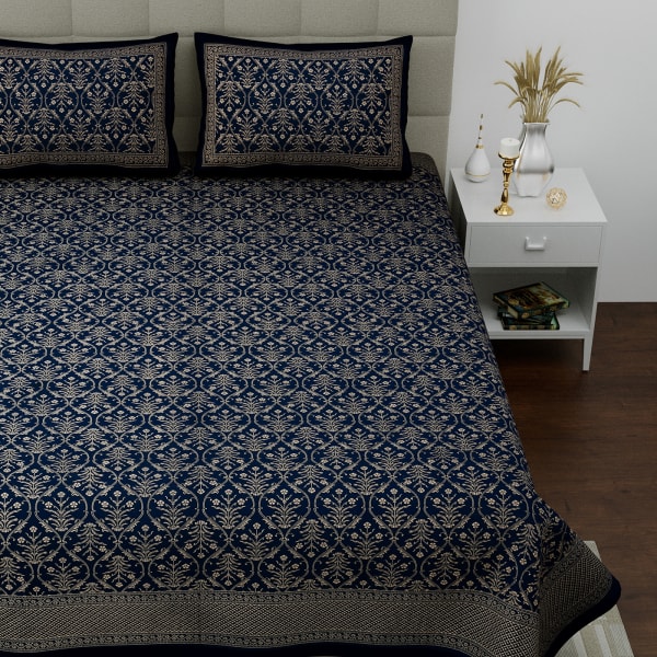 Khari Gold Print Cotton Bedsheet Set With Pillow Covers - Dark Blue