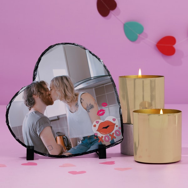 Kiss Day Personalized Heart Rock Tile with Candles