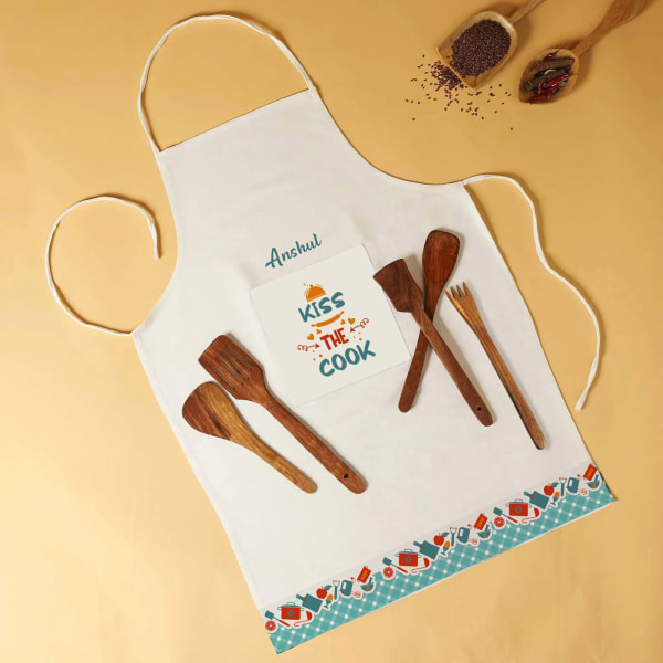 Kiss The Cook Personalized Apron With 5 Wooden Spatulas
