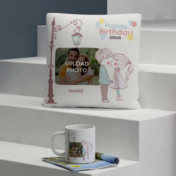 Kiss under the Lampost Personalized Birthday Cushion & Mug