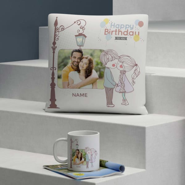 Kiss under the Lampost Personalized Birthday Cushion & Mug