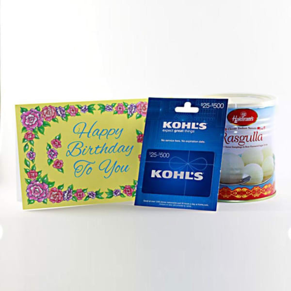 Kohl's 25 Gift Card with Yellow Birthday Greeting Card and Rasgulla 1