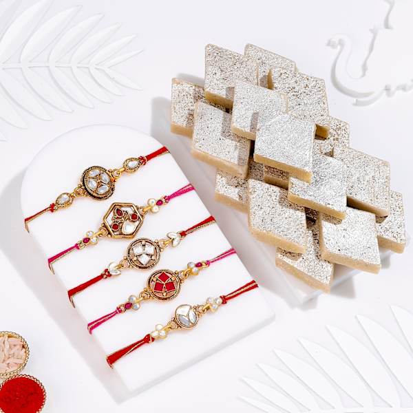 Kundan and Meena Rakhi And Kaju Katli  Set Of 5