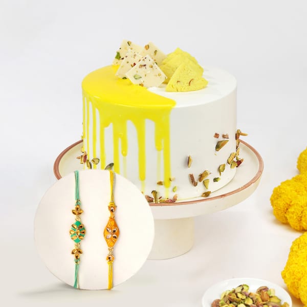 Kundan And Meena Rakhi Set Of 2 With Rasmalai Cake