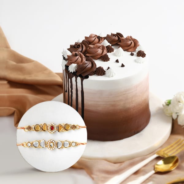 Kundan And Pearl Rakhi Set Of 2 With Chocolate Truffle Cake