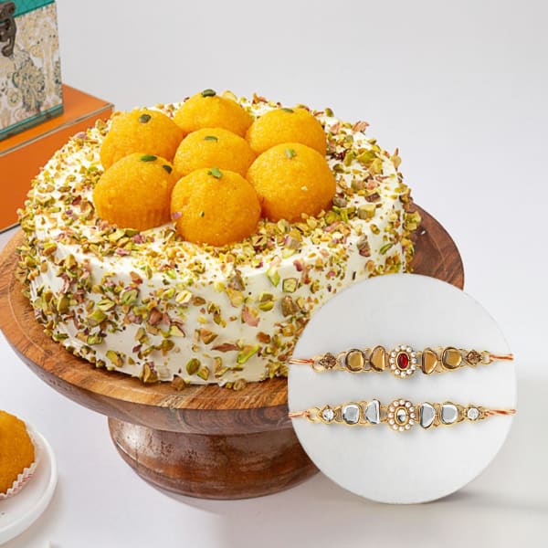 Kundan And Pearl Rakhi Set Of 2 With Motichoor Ladoo Cake