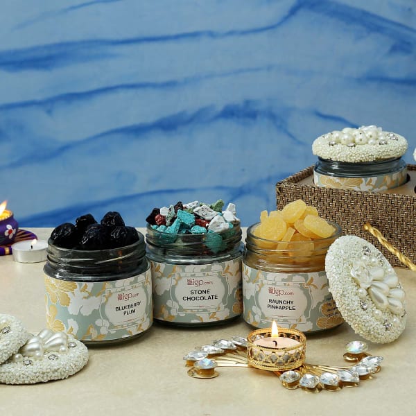 Kundan Decorated Diya With Sweet Delights Gift Send Diwali Gifts