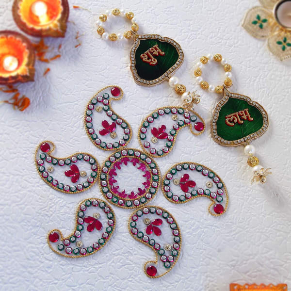 Kundan Work Rangoli with Wall Hanging Set Gift/Send Diwali Gifts Online J11042774