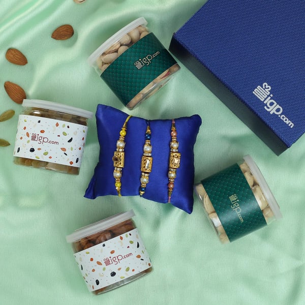 Kundan Work Set of Three Rakhi with Four Types of Dry Fruit Box in Blue