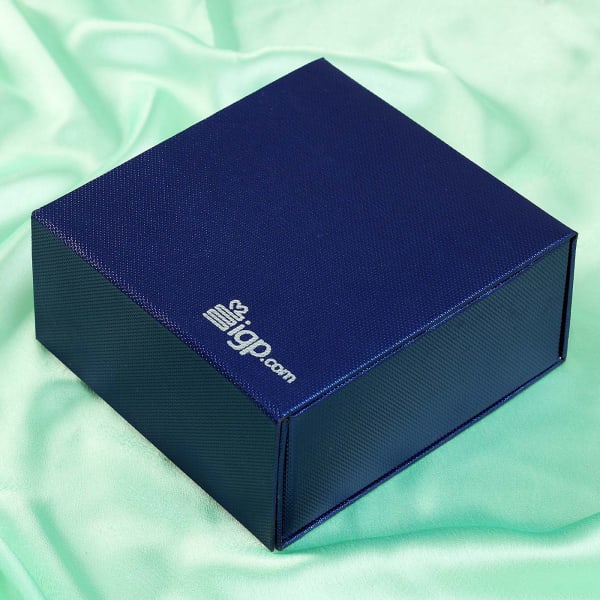 Kundan Work Set of Three Rakhi with Four Types of Dry Fruit Box in Blue