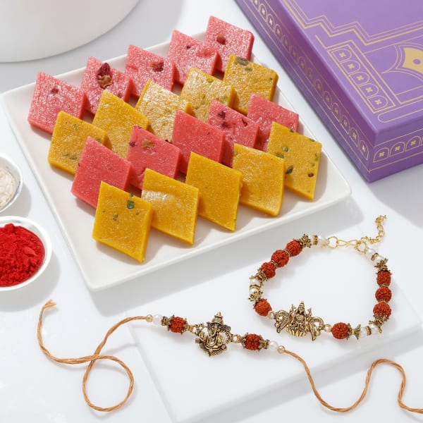 Lakshmi And Ganesha Bhaiya Bhabhi Rakhi With Kaju Katli