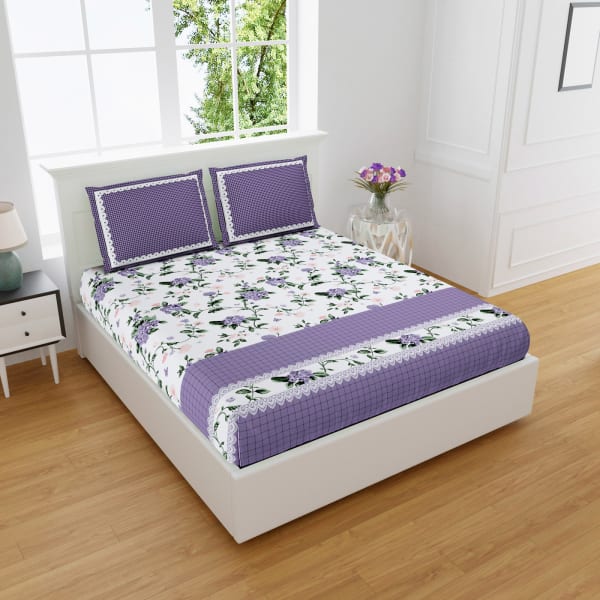 Lavender Flower Print Cotton Satin Double Bedsheet