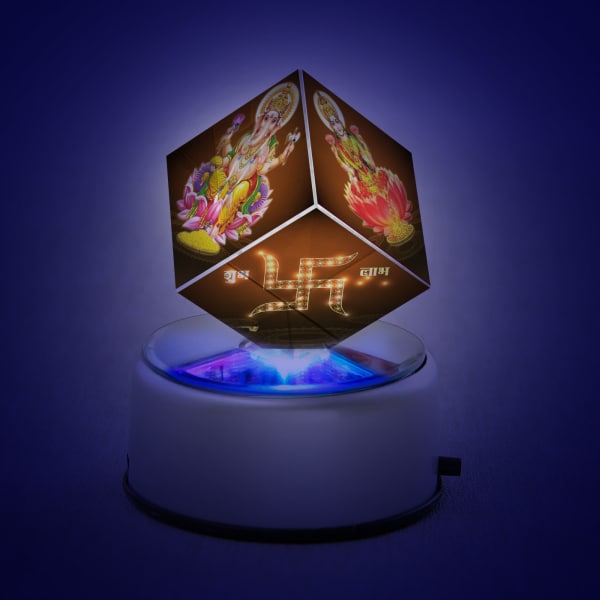 Laxmi - Ganesh Picture on Rotating LED Crystal Cube