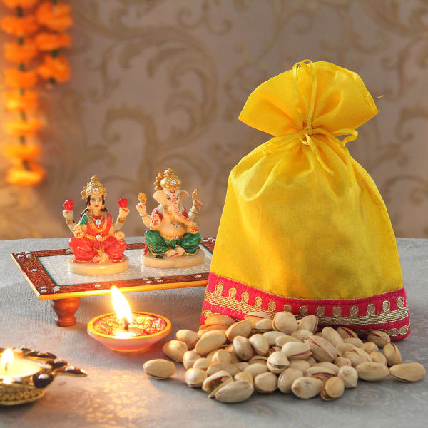 Laxmi Ganesha Idol with Pistachios in a Potli: Gift/Send Diwali Gifts ...