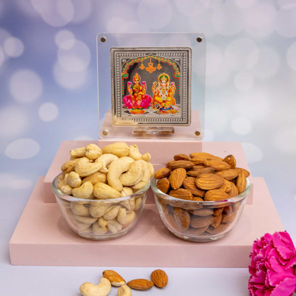 Laxmi Ganesha Silver Frame with Dryfruits