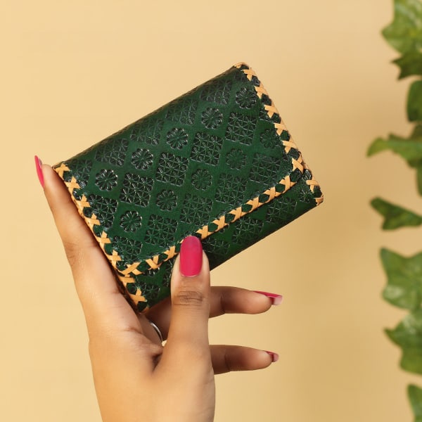 Leaf Green Floral Embossed Leather Wallet