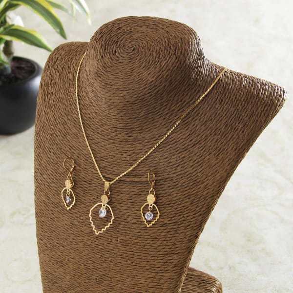 Leaf Shaped Gold Plated Pendant Set with CZ Stones