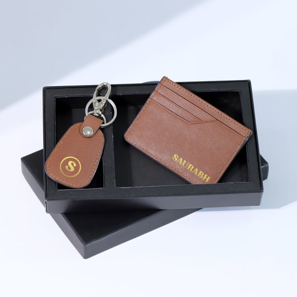 Leather Card Case And Keychain Set - Personalized - Dark Tan