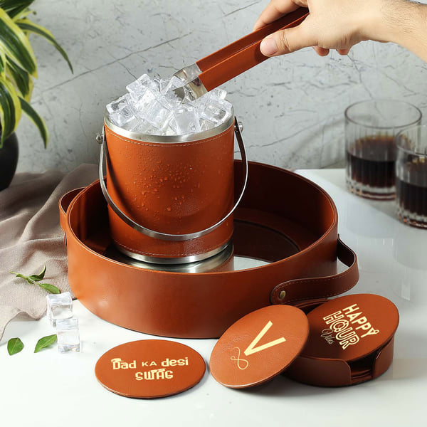 Buy/Send Leather Ice Bucket And Coaster Set Personalized Online | IGP ...