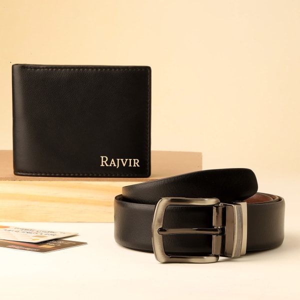 Leather Wallet And Belt Personalized Combo For Men - Black