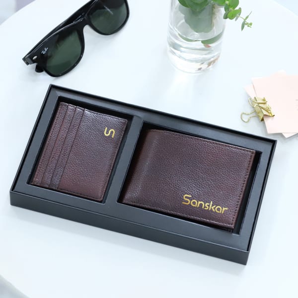 Leather Wallet And Card Holder Set - Personalized - Brown