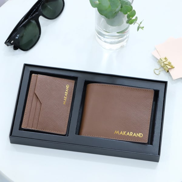 Leather Wallet And Card Holder Set - Personalized - Dark Tan