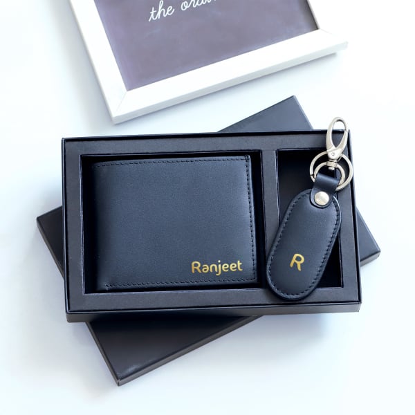 Leather Wallet And Keychain Set - Personalized - Black
