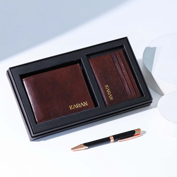 Leather Wallet And Pen Set - Personalized - Brown