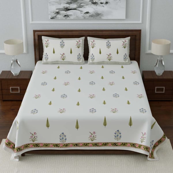 Leaves & Floral Printed Designer Double Bedsheet