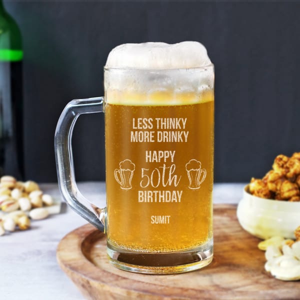 Less Thinky More Drinky Personalized Birthday Beer Mug