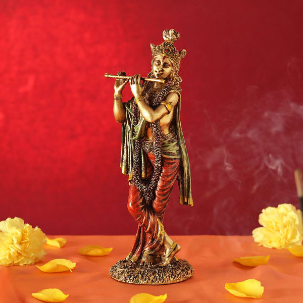Lord Krishna Idol in Antique Gold Finish