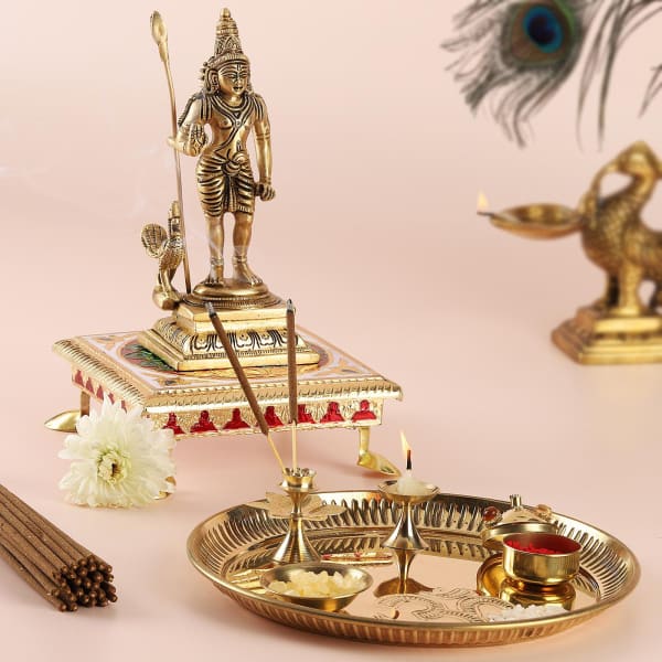 Lord Murugan (Kartikeya) Brass Idol With Pooja Set