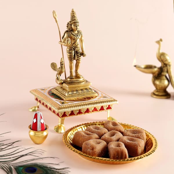 Lord Murugan (Kartikeya) Brass Idol With Pooja Thali