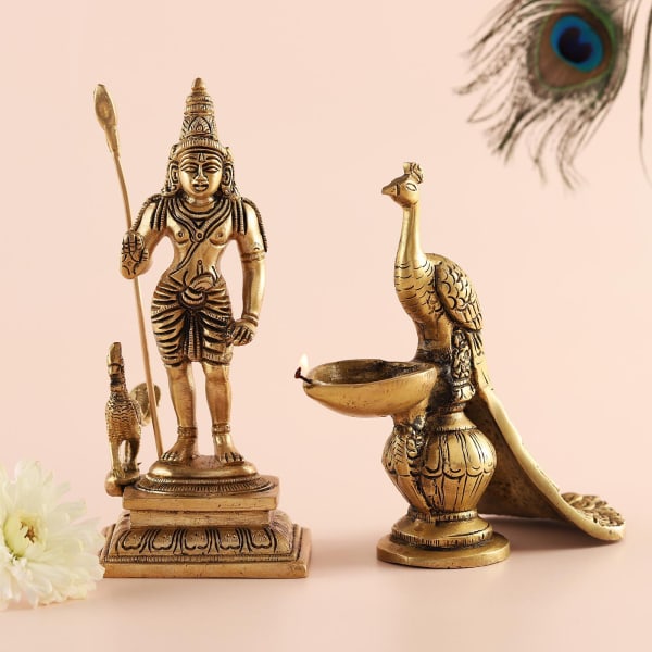 Lord Murugan (Kartikeya) Idol With Peacock Diya Stand